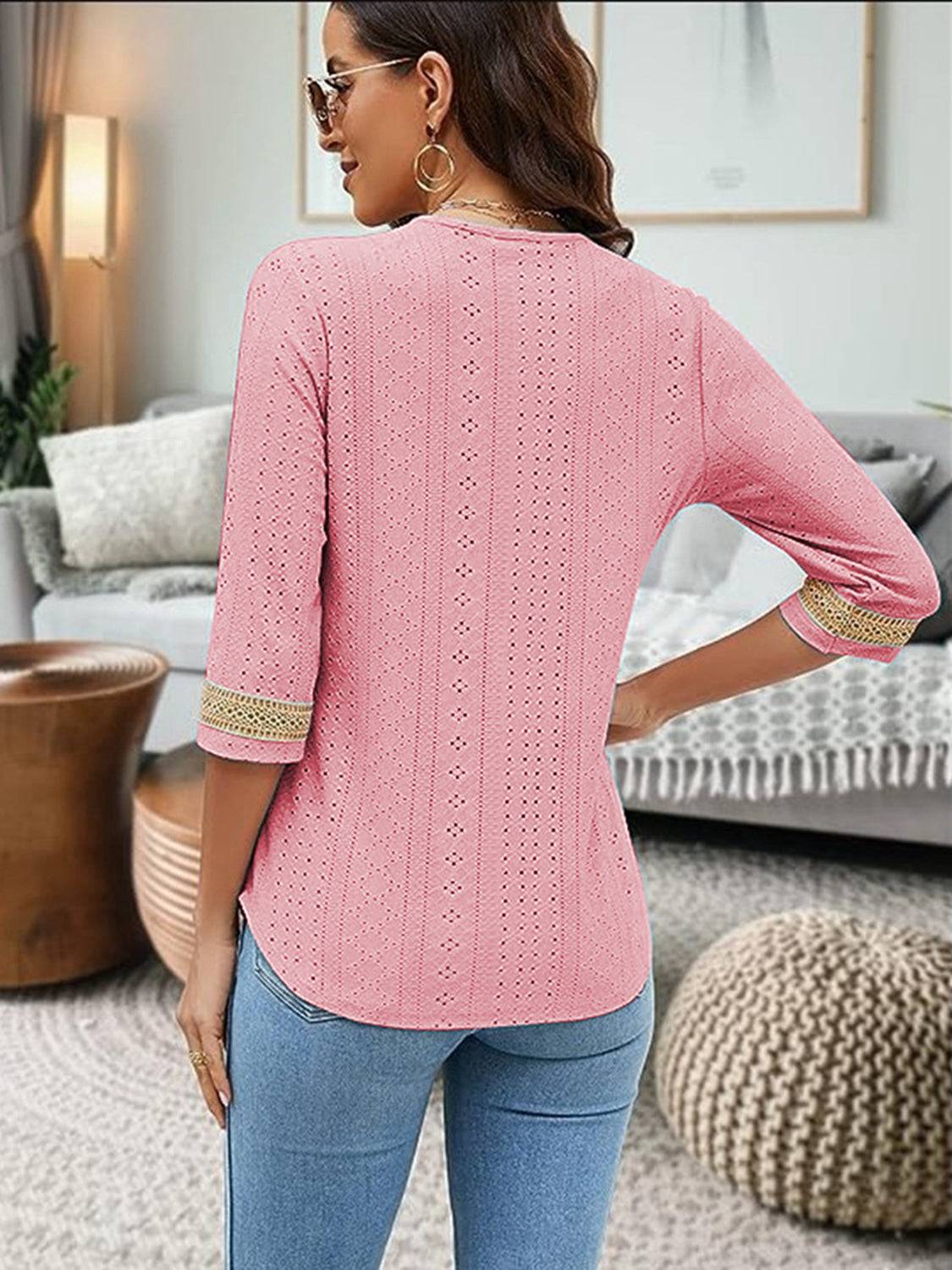 V-Neck Eyelet Blouse in pink, featuring basic style with three-quarter sleeves and eyelet detailing.