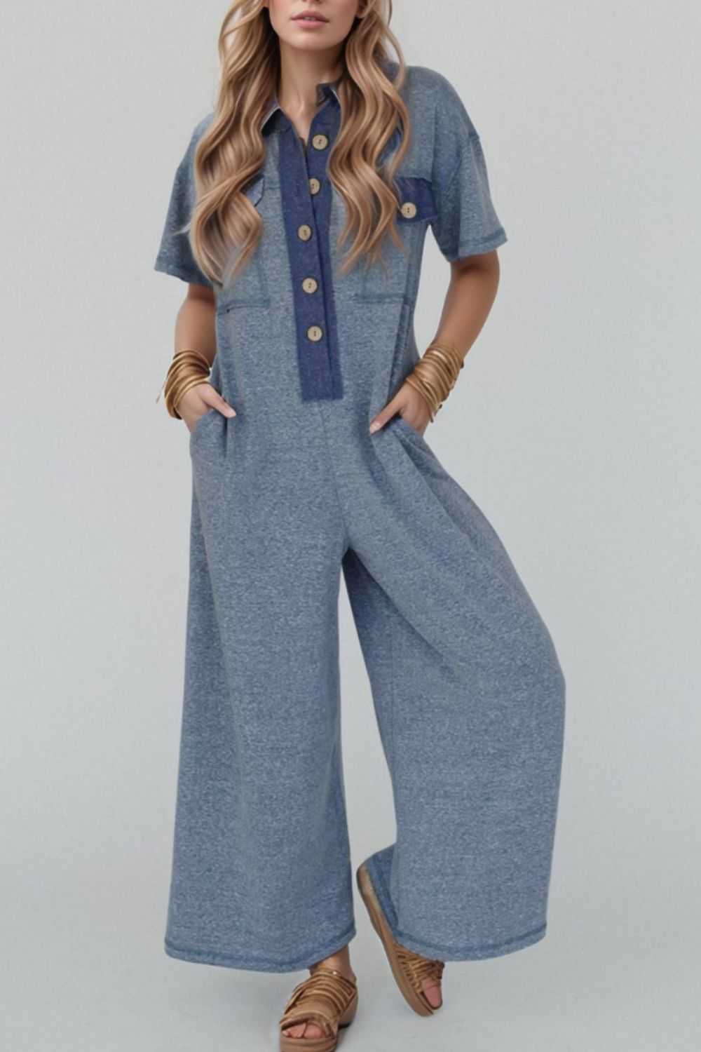 Placket Chest Pockets Short Sleeve Wide Leg Jumpsuit - Securing Secrets Boutique LLC