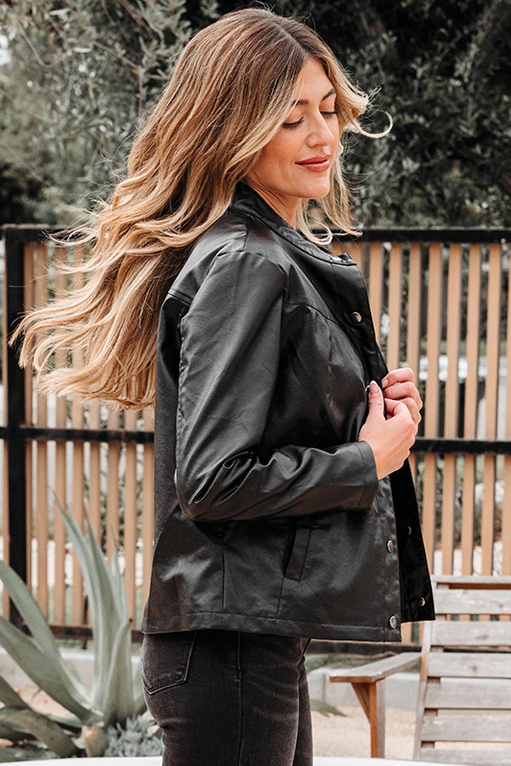Black Faux Leather Buttoned Front Boxy Jacket