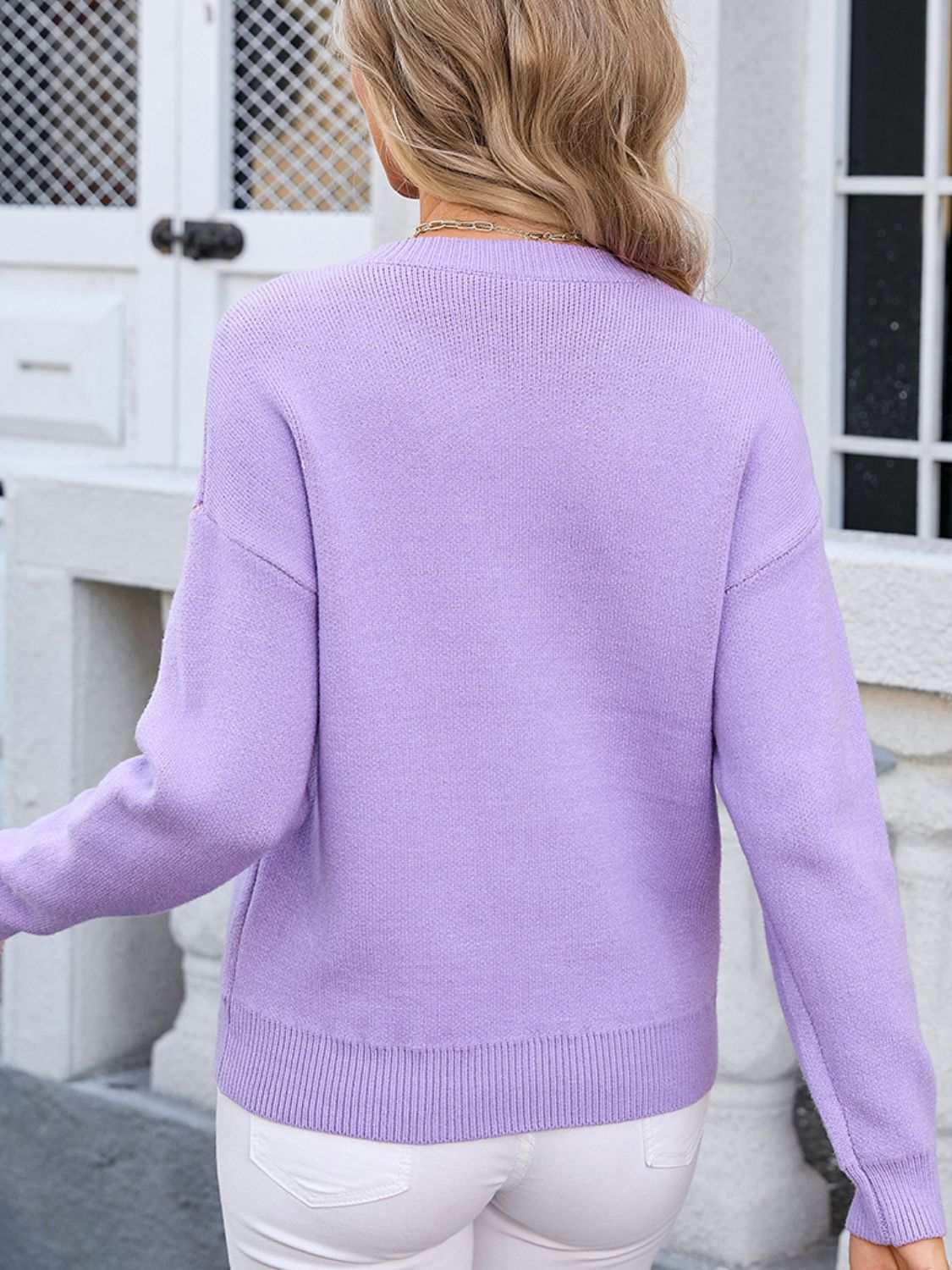 Angel Wings Bow Graphic Round Neck Long Sleeve Sweater in lavender, back view.