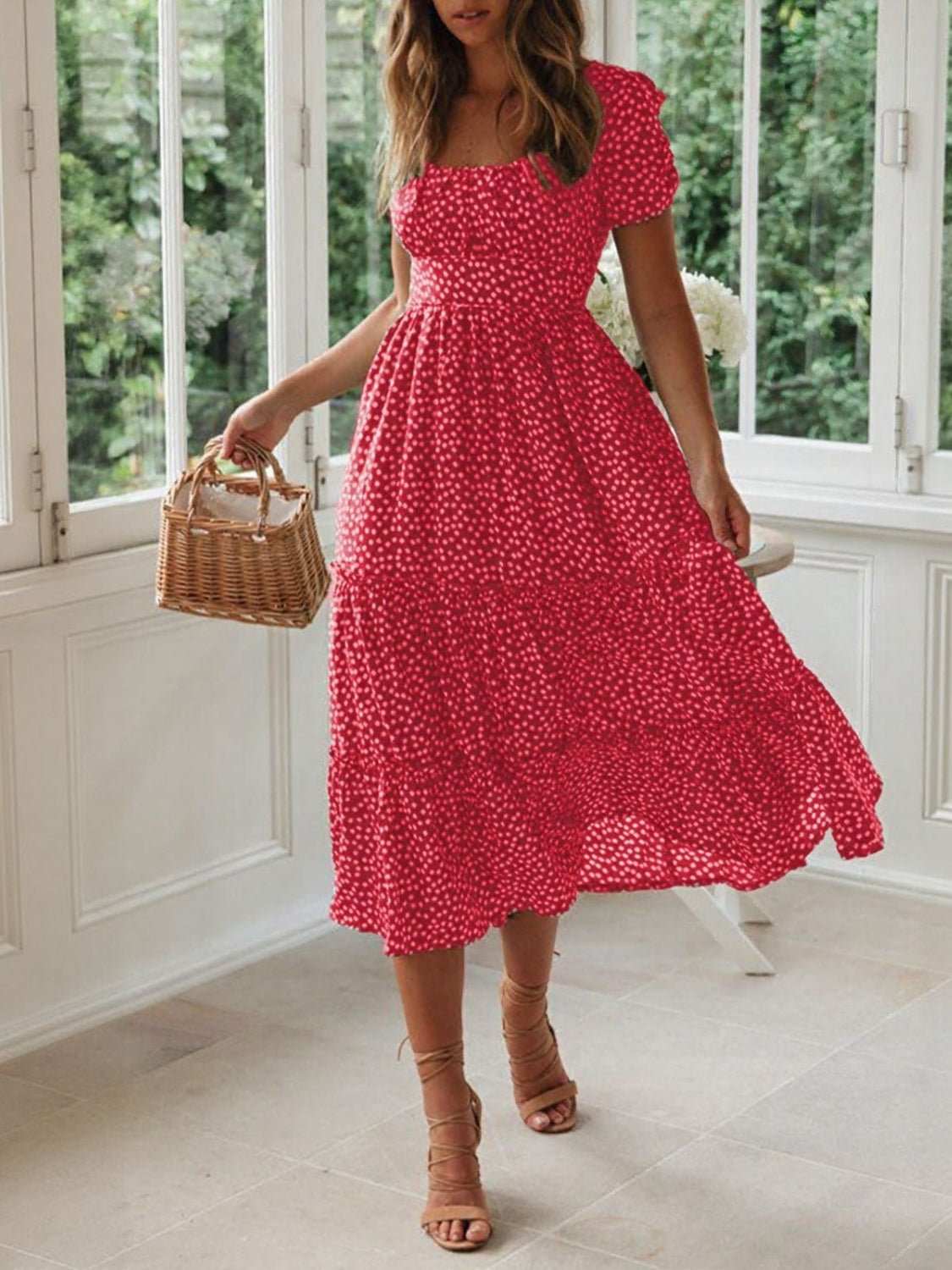 Printed Square Neck Short Sleeve Midi Dress - Securing Secrets Boutique LLC