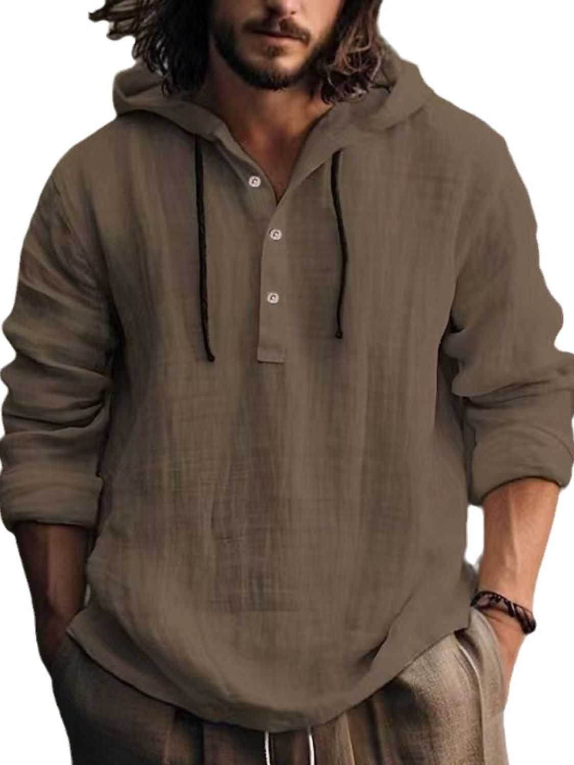 Men's full size half button long sleeve hoodie, 100% cotton, basic style.