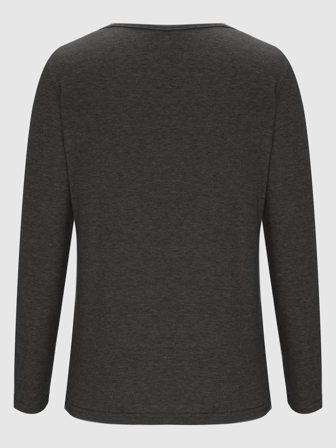 Crisscross V-Neck Long Sleeve T-Shirt back view in dark gray, stretchy polyester-spandex blend.
