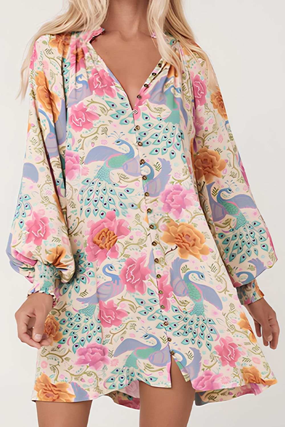Printed notched lantern sleeve dress with floral and peacock design, tied and buttoned, 100% polyester.