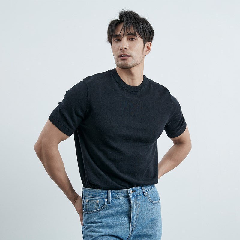 Summer New Solid Color Short Sleeve Knitted Men's Ice Silk Casual