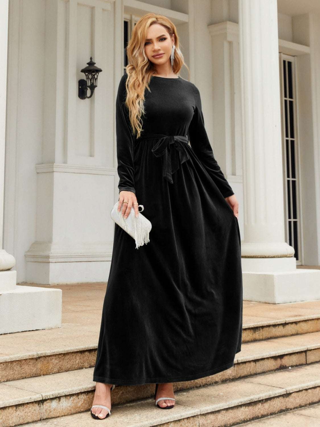 Tie Front Round Neck Long Sleeve Maxi Dress in black, elegant and floor-length.