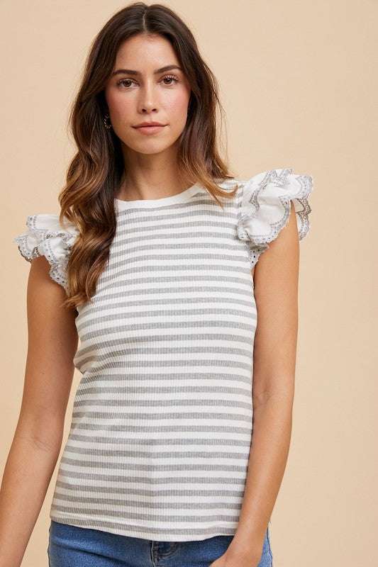 Annie Wear Ruffled Striped Knit Top with Cap Sleeves and Round Neck
