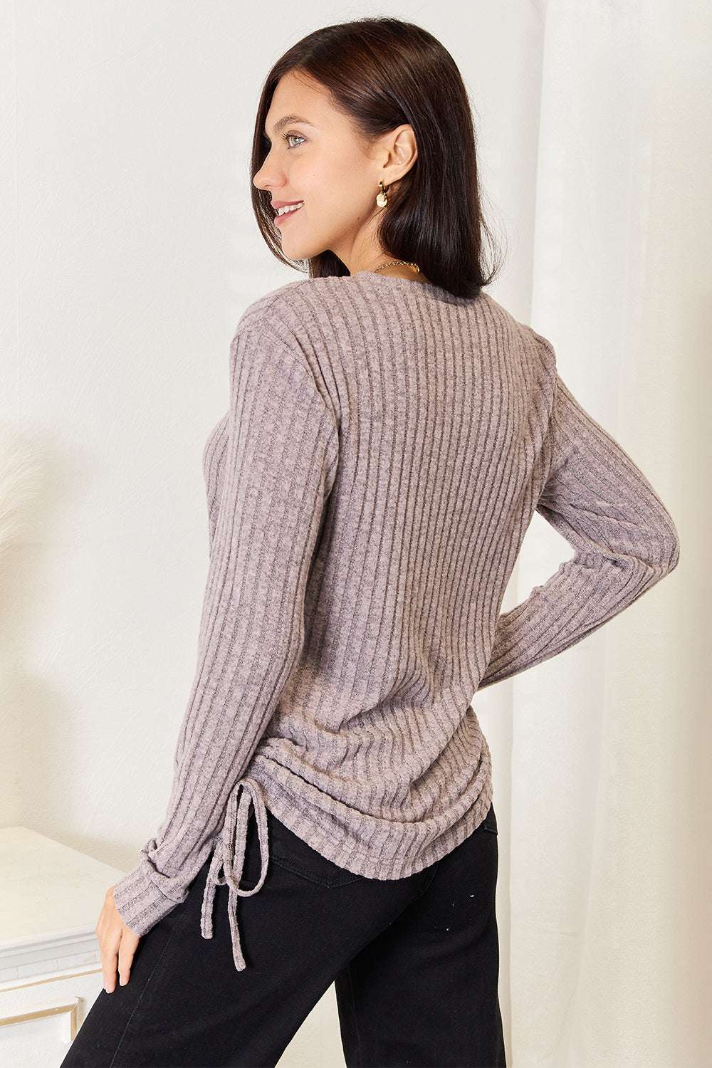 Double Take Drawstring Ribbed Long Sleeve T-Shirt in gray with trendy ribbed texture and side drawstring detail.