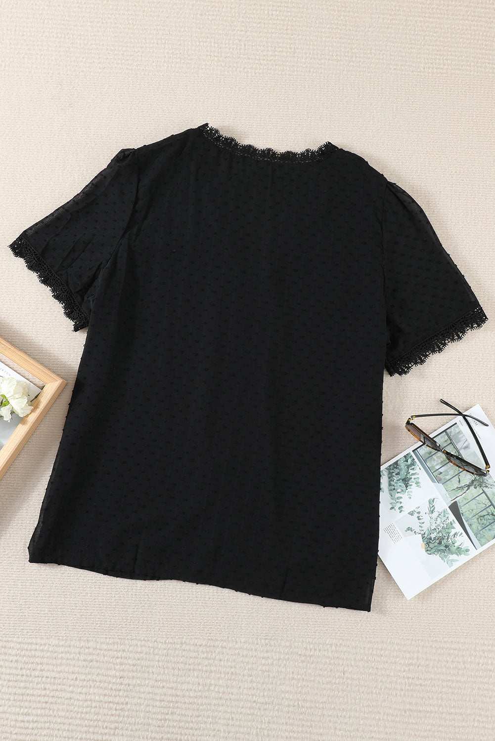 Plus Size Swiss Dot Spliced Lace V-Neck Blouse in black with short sleeves and casual style.