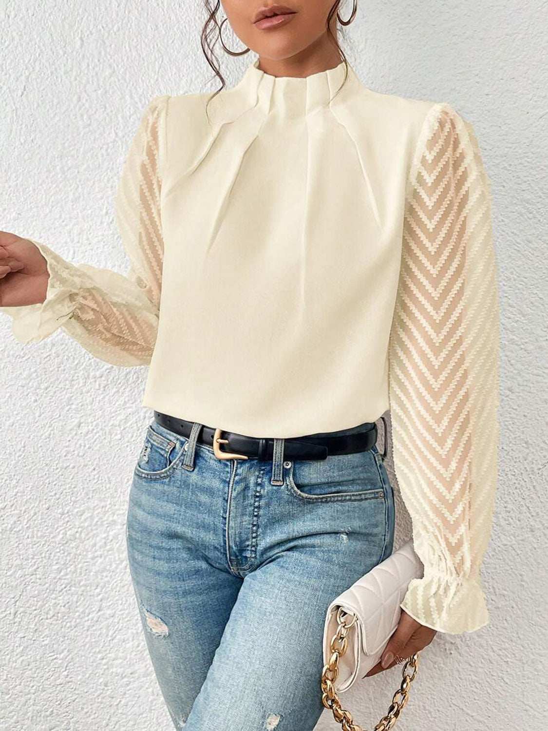 Mock Neck Flounce Sleeve Blouse with Ruffled and Semi-Sheer Design.