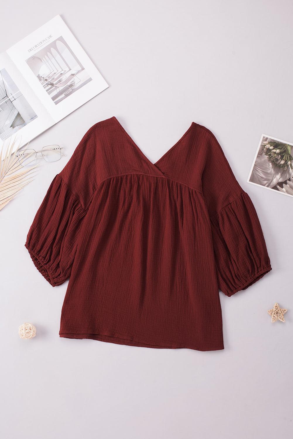 Dropped shoulder V-neck blouse with long sleeves in solid color, casual style, 100% cotton.