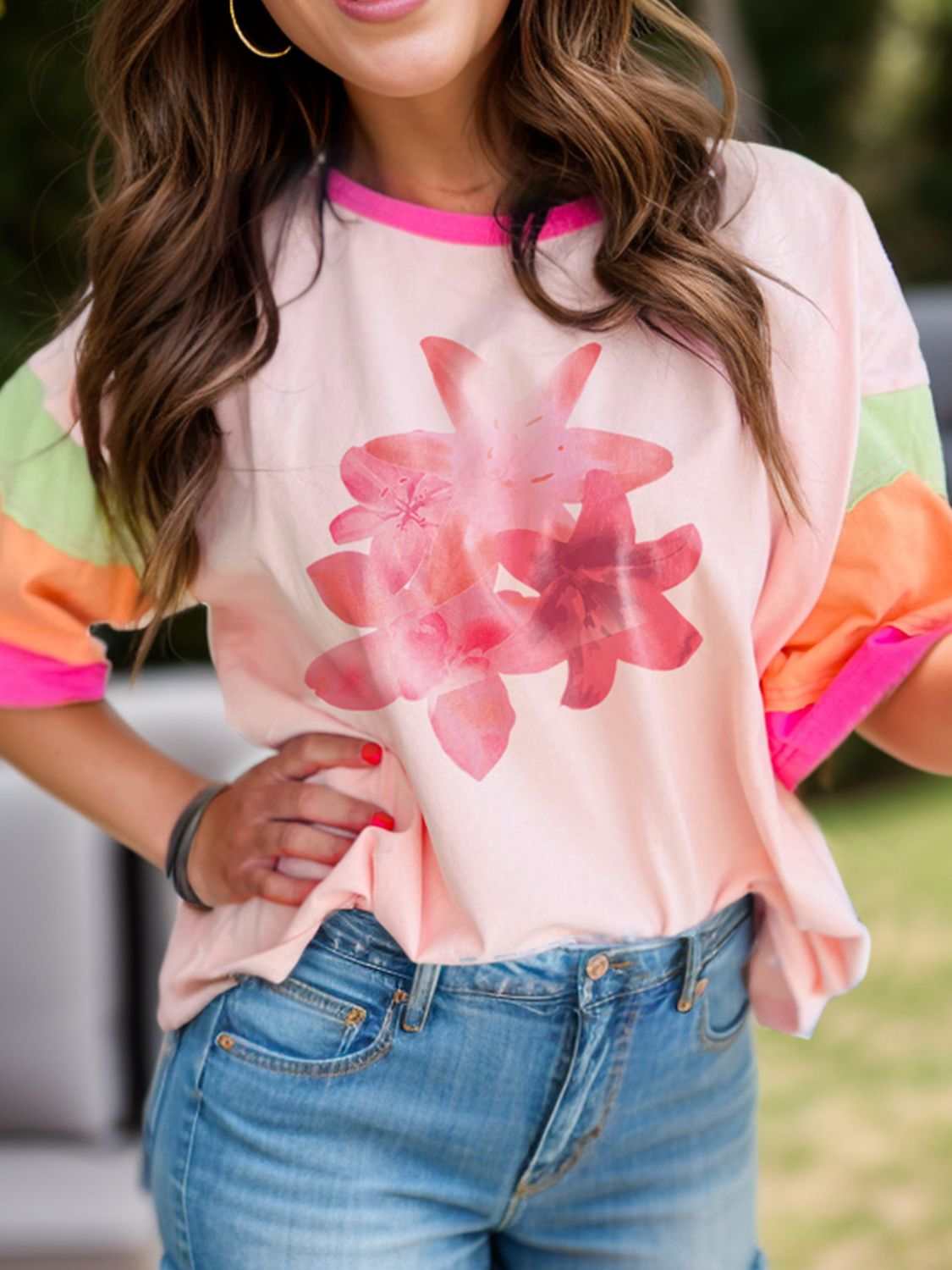 Graphic round neck half sleeve t-shirt, colorful floral design, cotton blend.