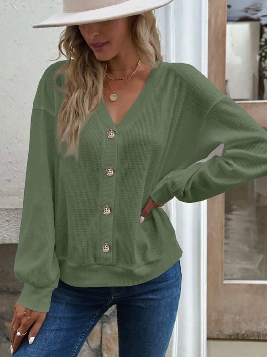 V-Neck Dropped Shoulder Blouse in waffle-knit, solid pattern, casual style.