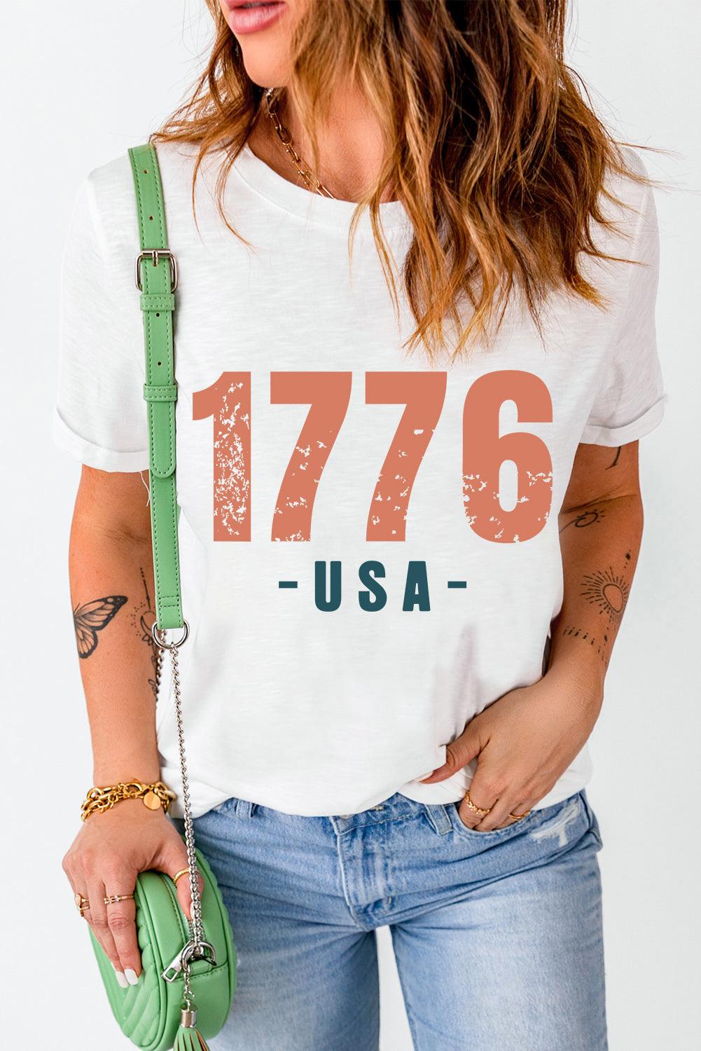 Graphic round neck short sleeve T-shirt with '1776 USA' design.