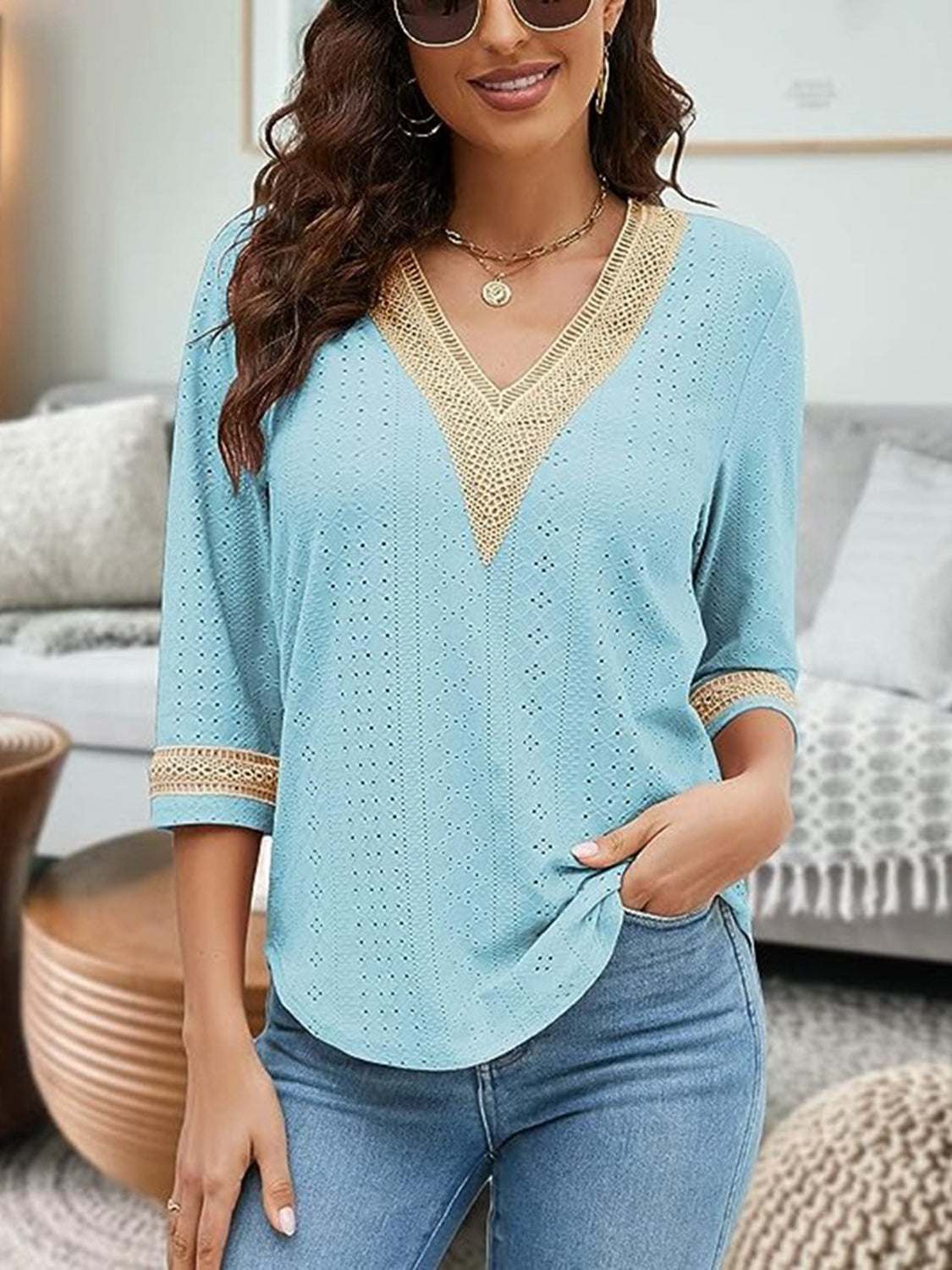 V-Neck Eyelet Blouse in blue, featuring basic style and opaque fabric.