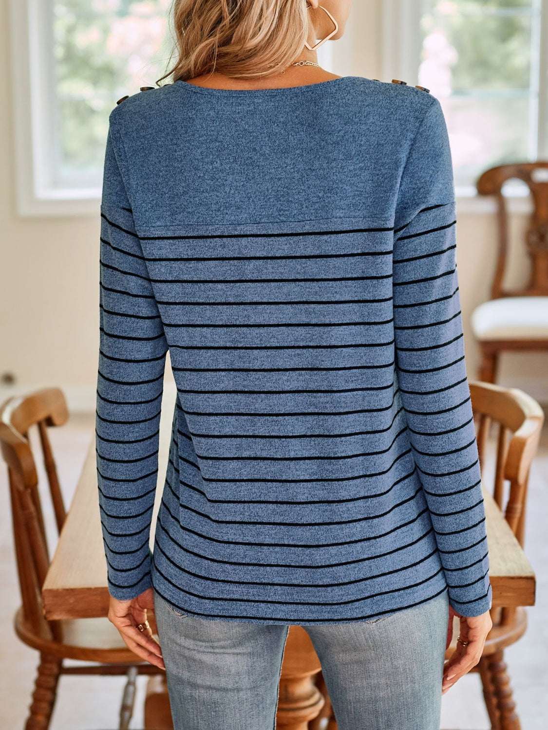 Lovelet striped round neck long sleeve T-shirt with decorative button detail.