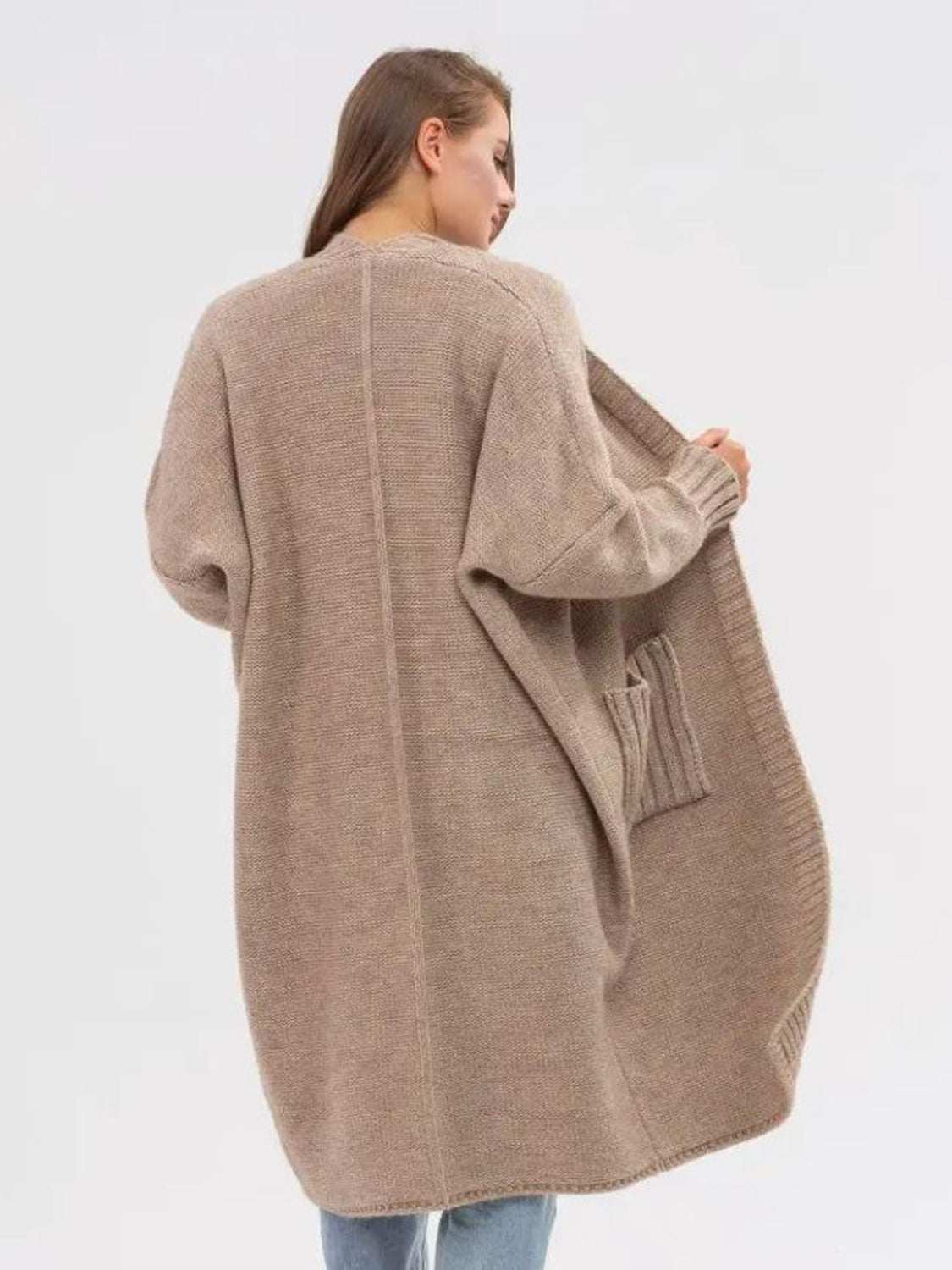 Pocketed Open Front Long Sleeve Longline Cardigan in beige.