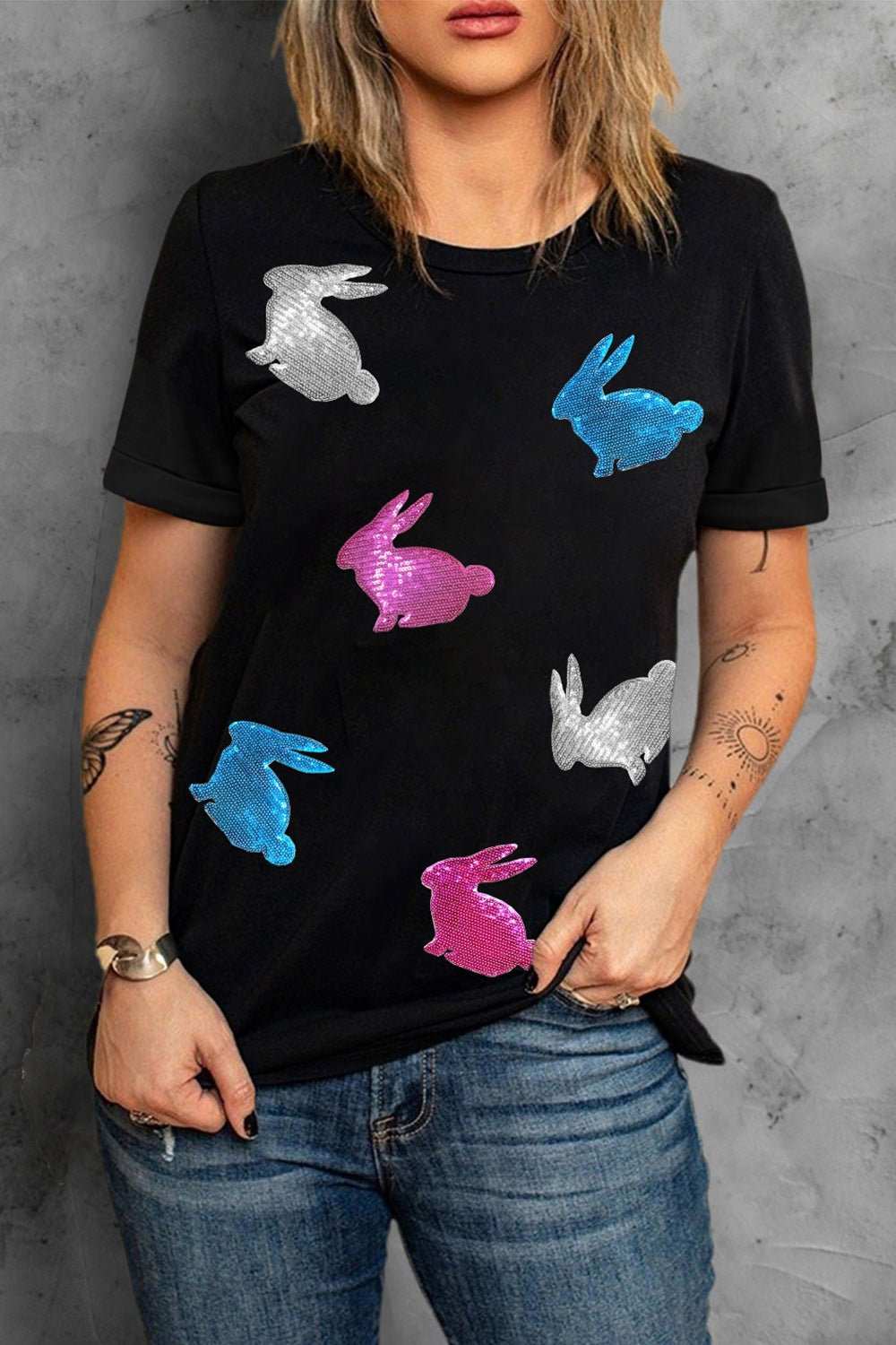 Easter Bunny sequin round neck T-shirt in black with colorful bunnies.