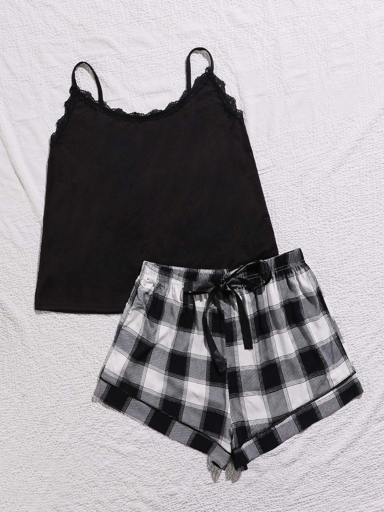 Plus size lace trim scoop neck cami with plaid shorts pajama set.