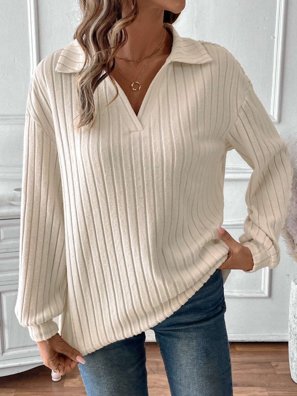 Ribbed Johnny Collar Long Sleeve T-Shirt in cream color, worn with jeans.