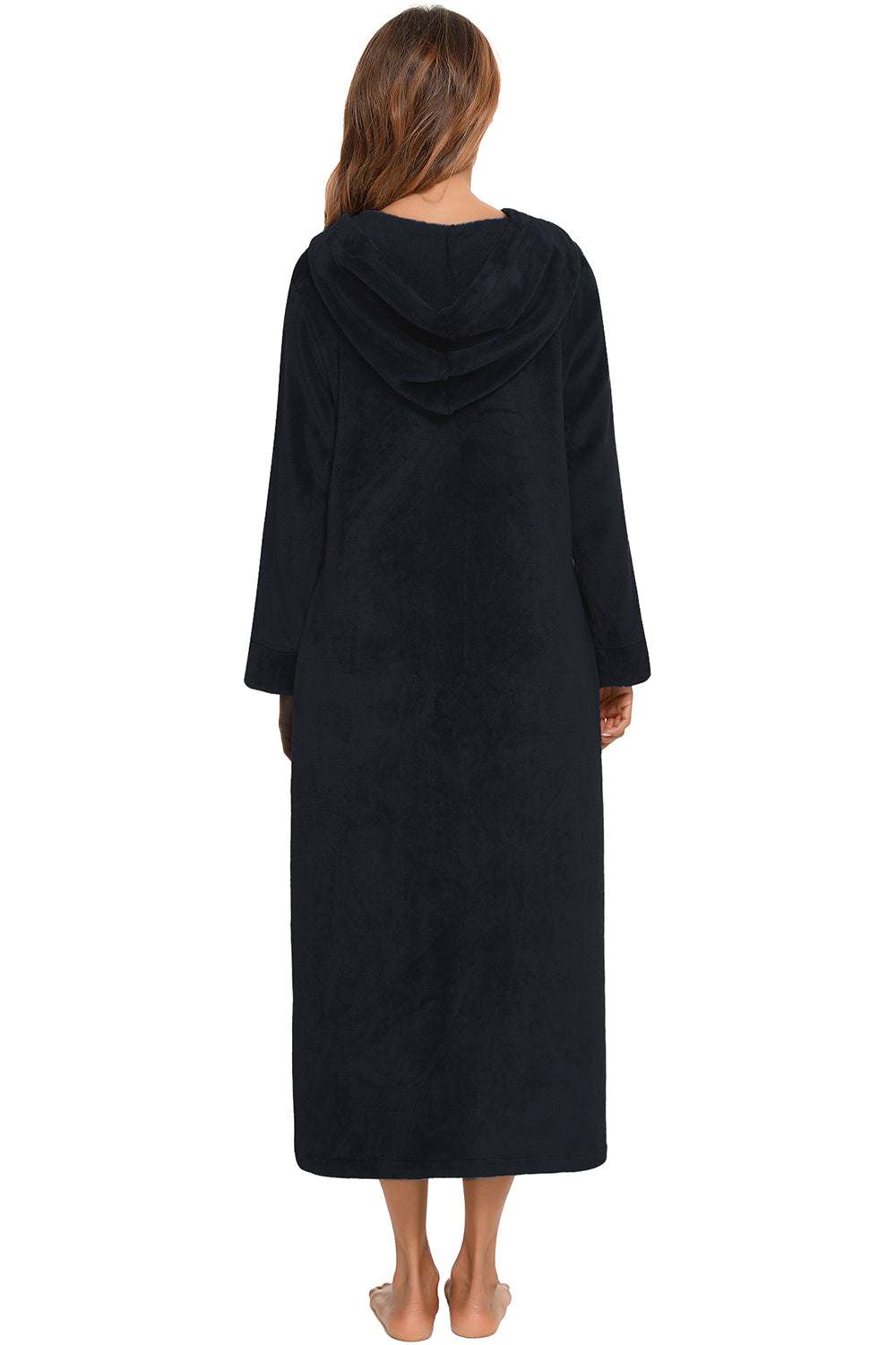 Zip front hooded night dress with pockets, black, polyester, back view.