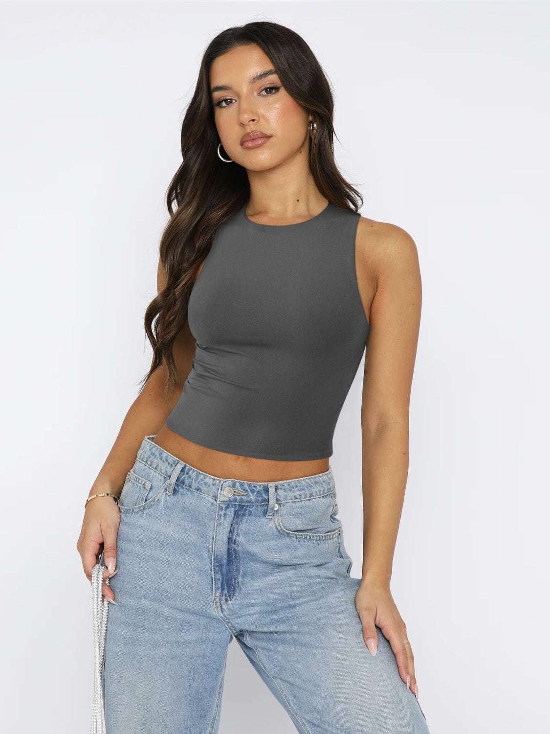 Round Neck Cropped Tank, basic style, opaque, slightly stretchy, 80% polyester, 20% elastane.