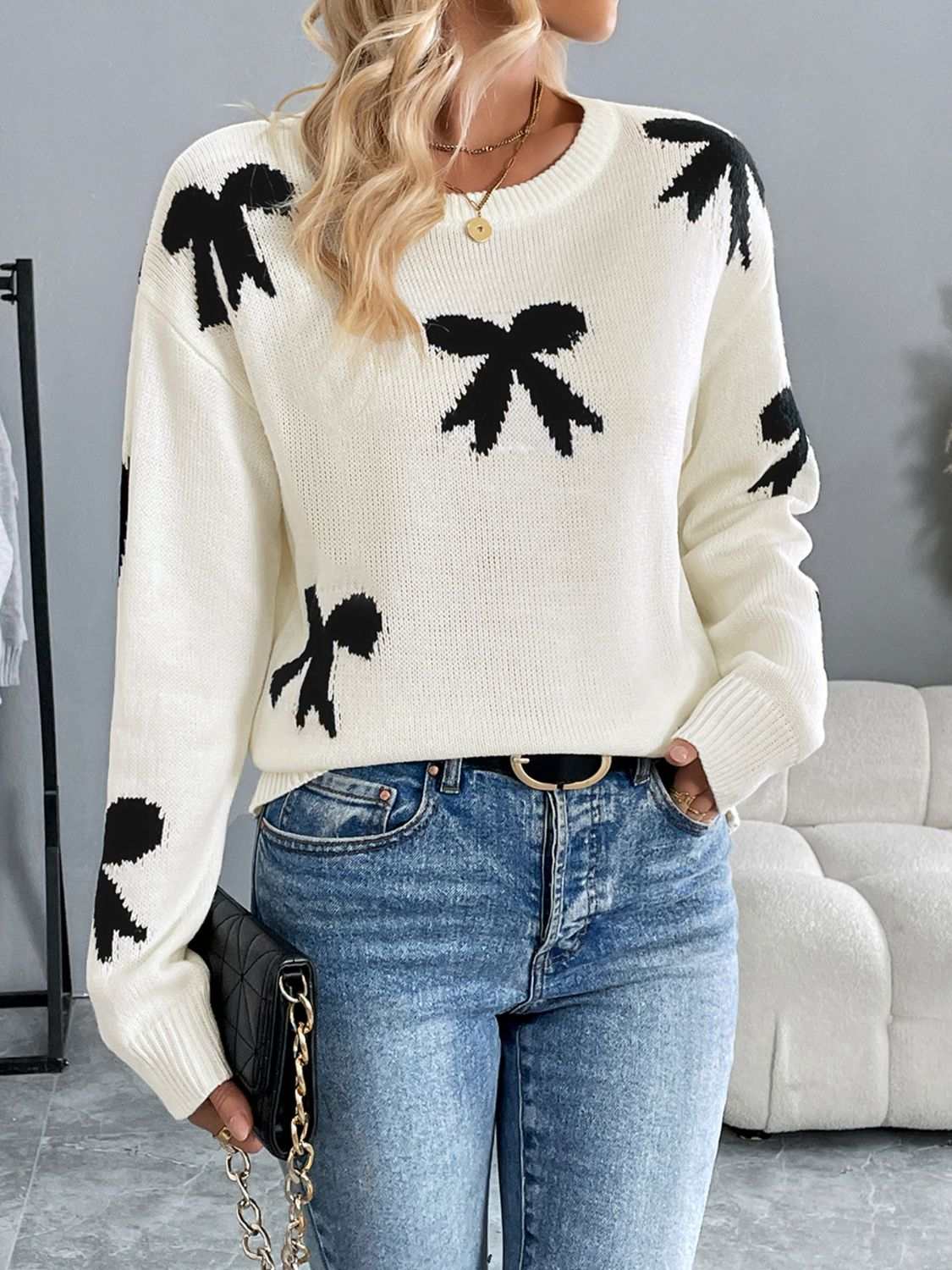 Perfee Bow Graphic Round Neck Sweater with Black Bow Designs