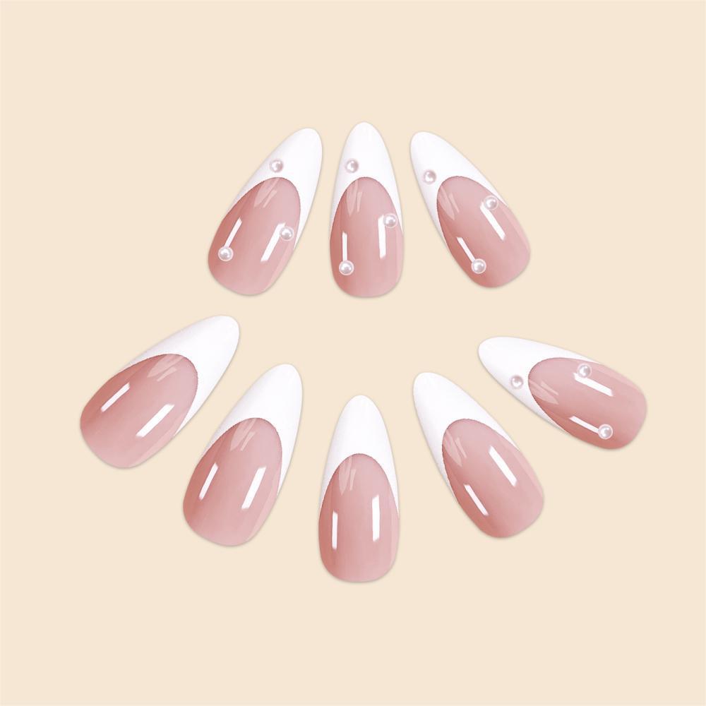 Mid-length French White Edge Pearl Nail Beauty Patch Removable