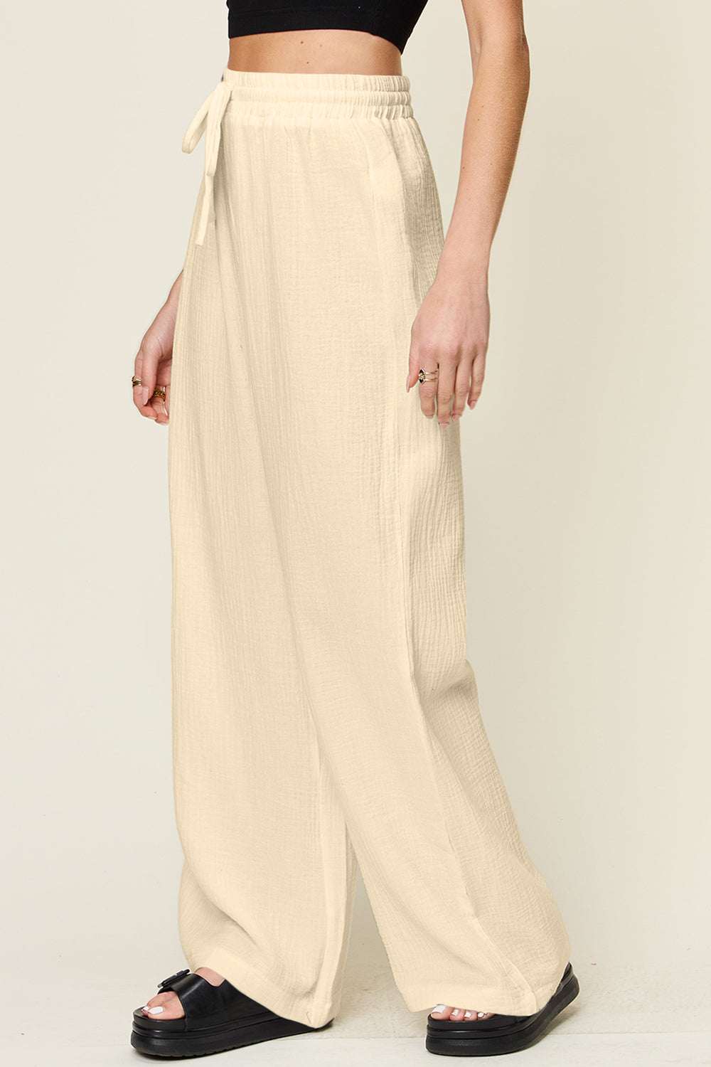 Wide leg pants with drawstring, full-size, 100% cotton, Double Take.