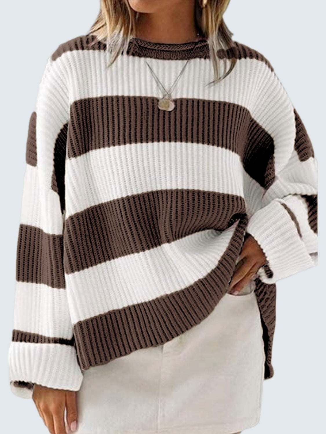 Round neck long sleeve sweater in brown and white stripes, 100% polyester, slightly stretchy.