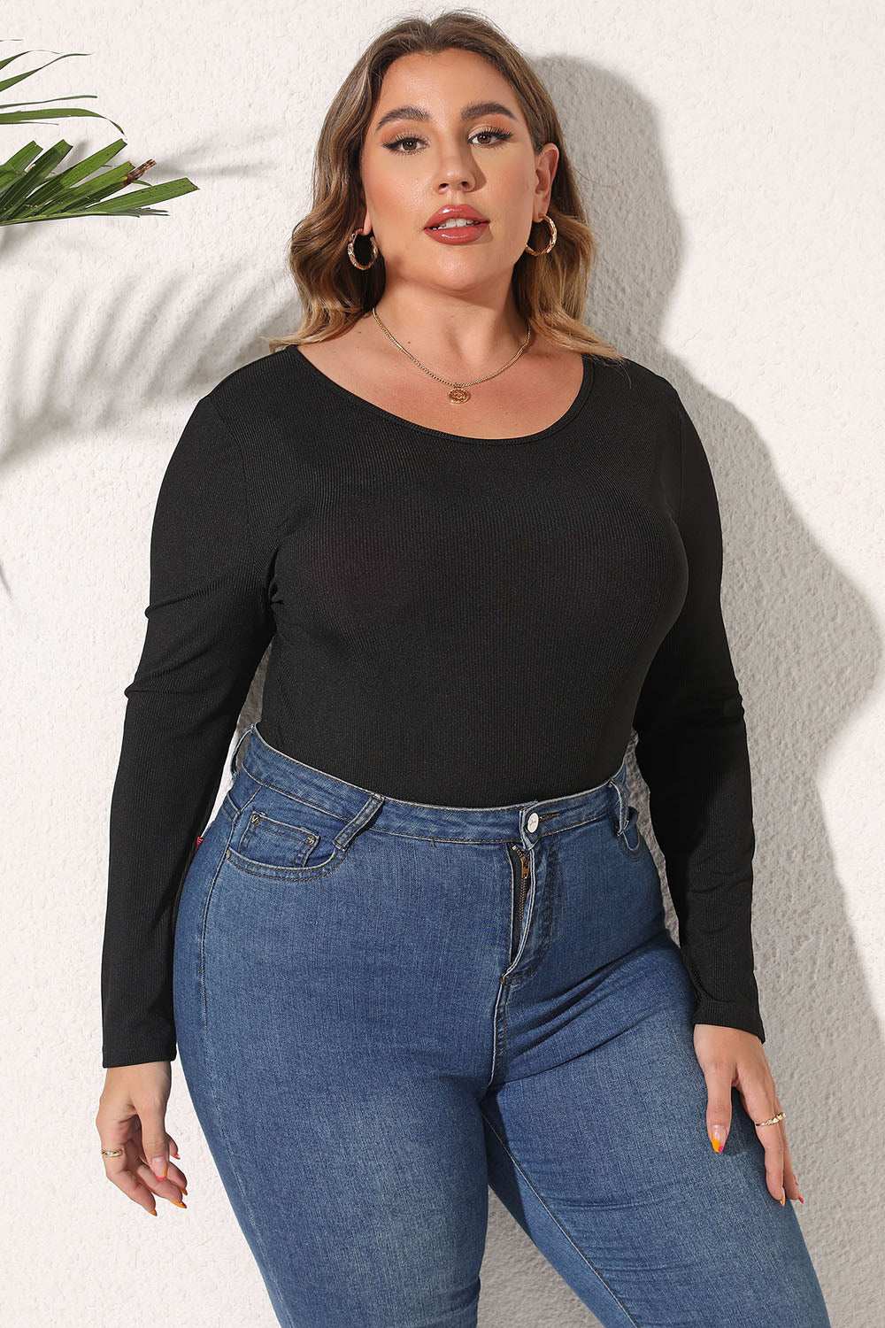 Plus Size Round Neck Long Sleeve Bodysuit Black