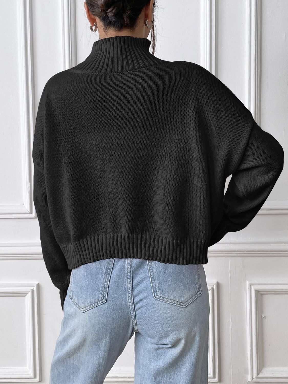 Bow Turtleneck Long Sleeve Sweater in black, slightly stretchy, 100% polyester, back view.