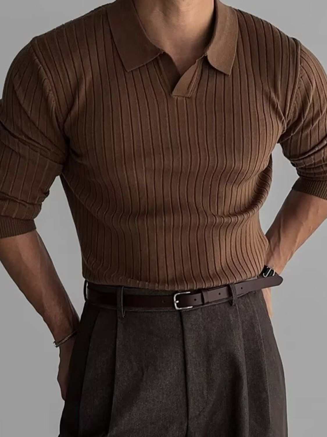 Men's plus size brown collared long sleeve polo with ribbed texture.