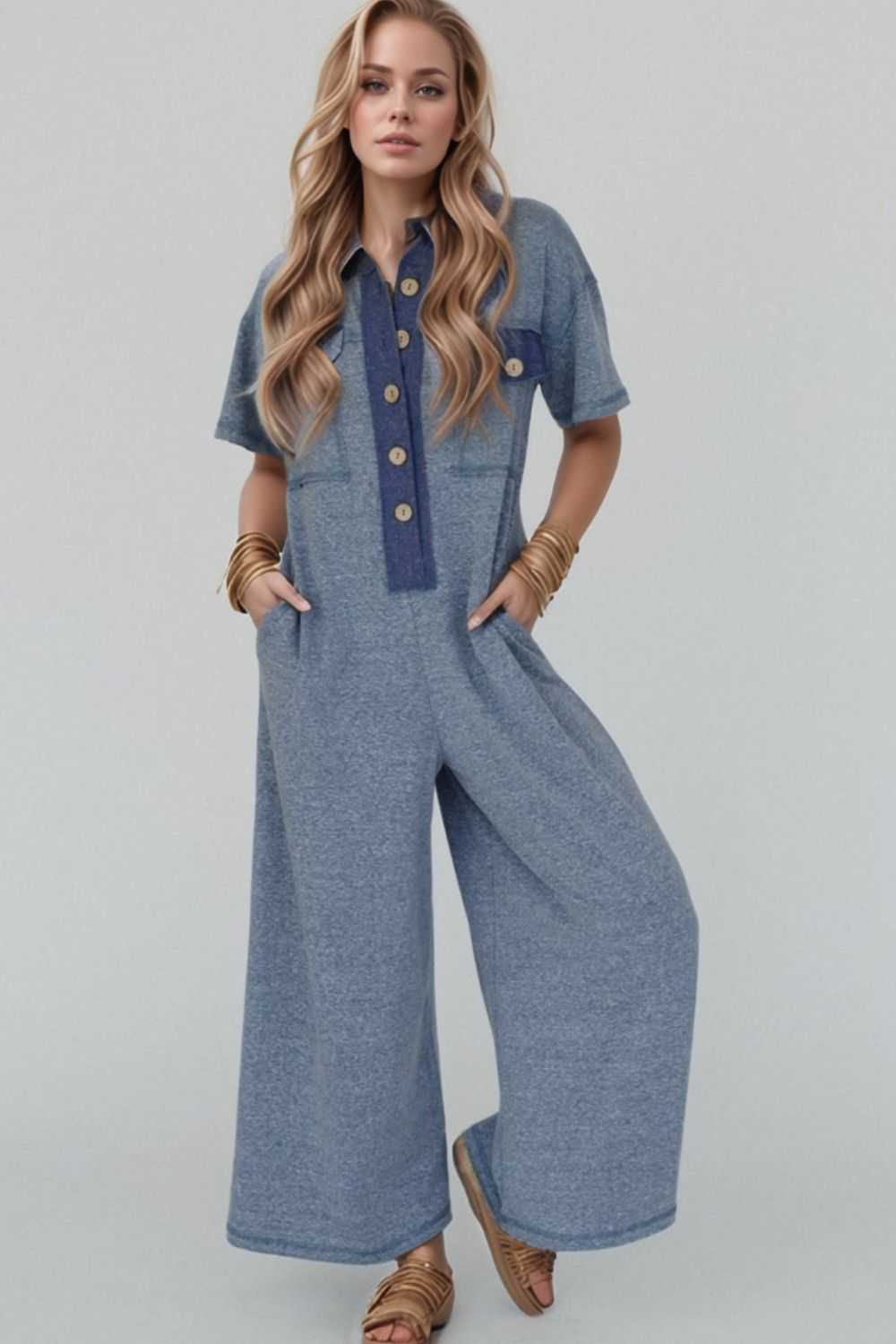 Placket Chest Pockets Short Sleeve Wide Leg Jumpsuit - Securing Secrets Boutique LLC