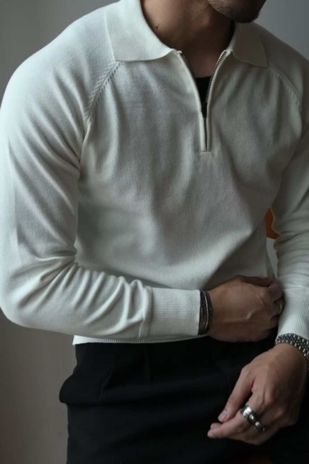 Men's plus size quarter zip raglan sleeve polo in white, featuring a basic style and moderate stretch.