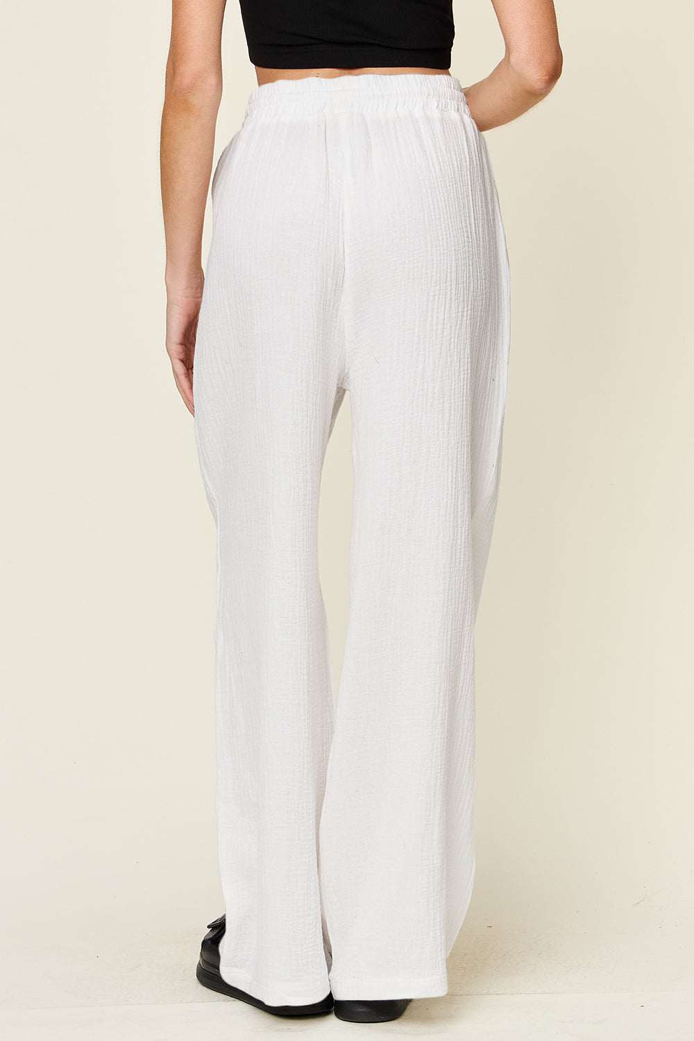 Double Take full size white texture drawstring wide leg pants in cotton.