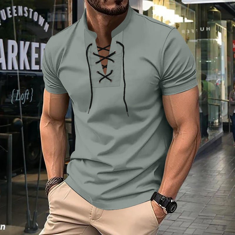 Men's Thin V-neck V-tie Casual Sporty Short Sleeve