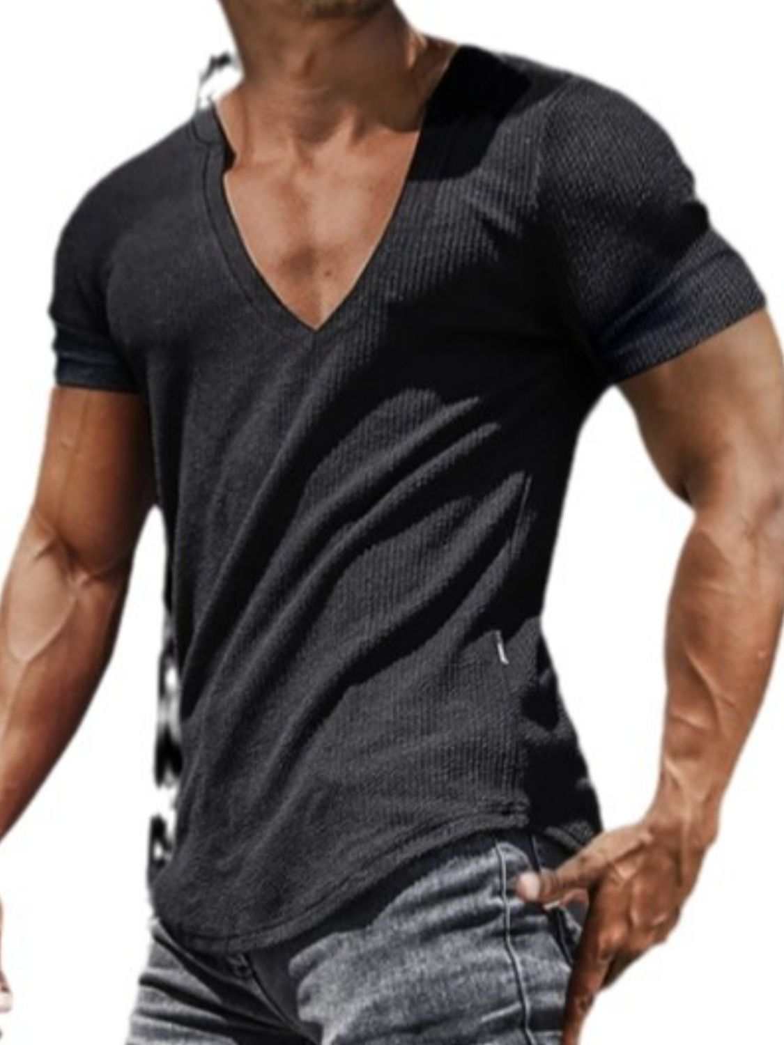 Men's full size notched short sleeve t-shirt in black, stretchy polyester-cotton blend.