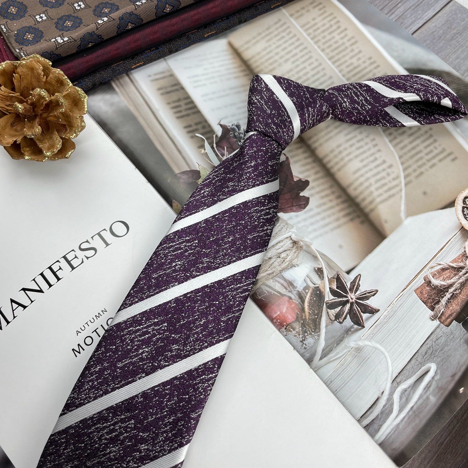 Retro Coffee Color Orange Red Striped Tie Hand Hit 8CM Men