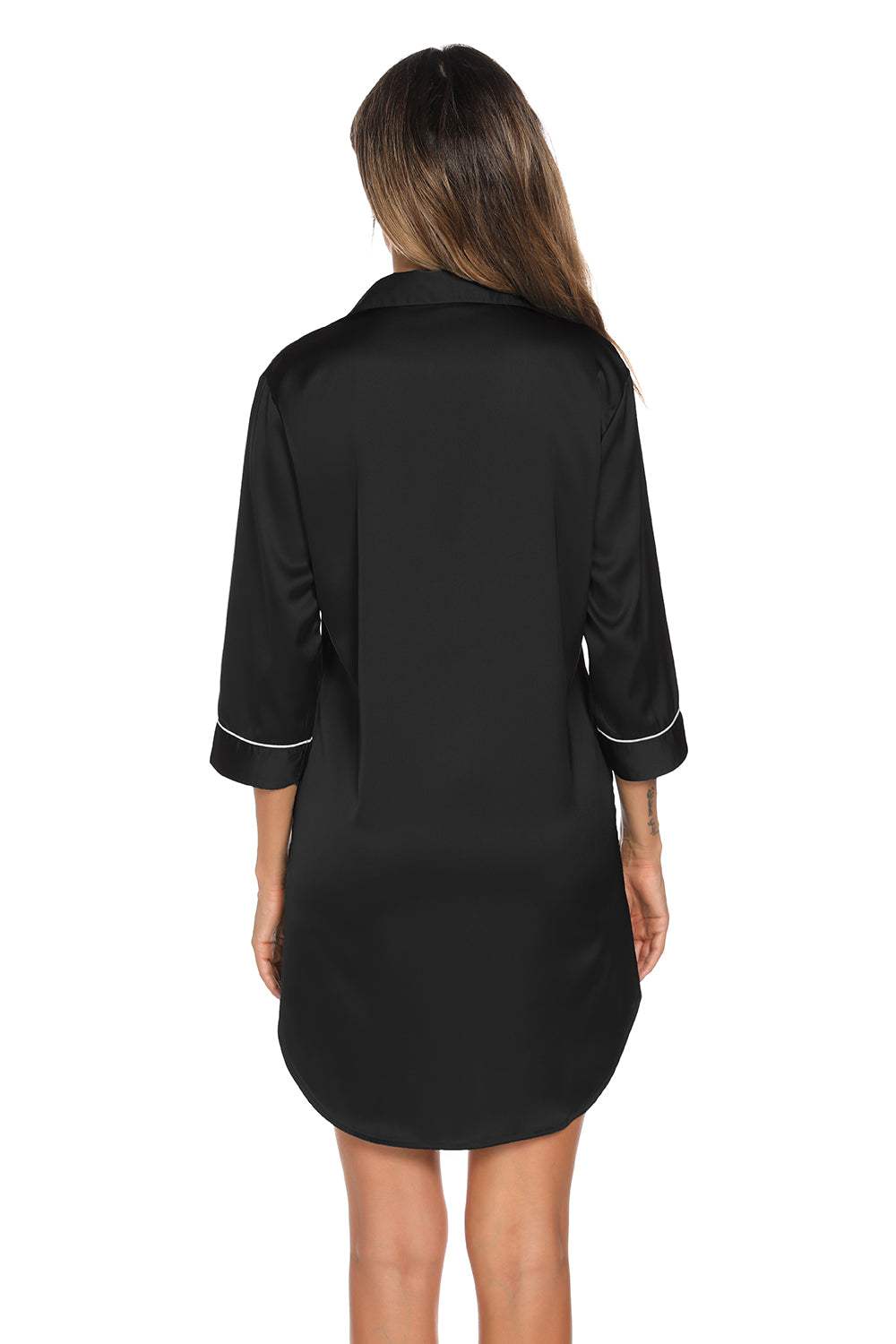 Button Up Collared Neck Night Dress with Pocket in black, featuring buttoned design and slightly stretchy polyester fabric.
