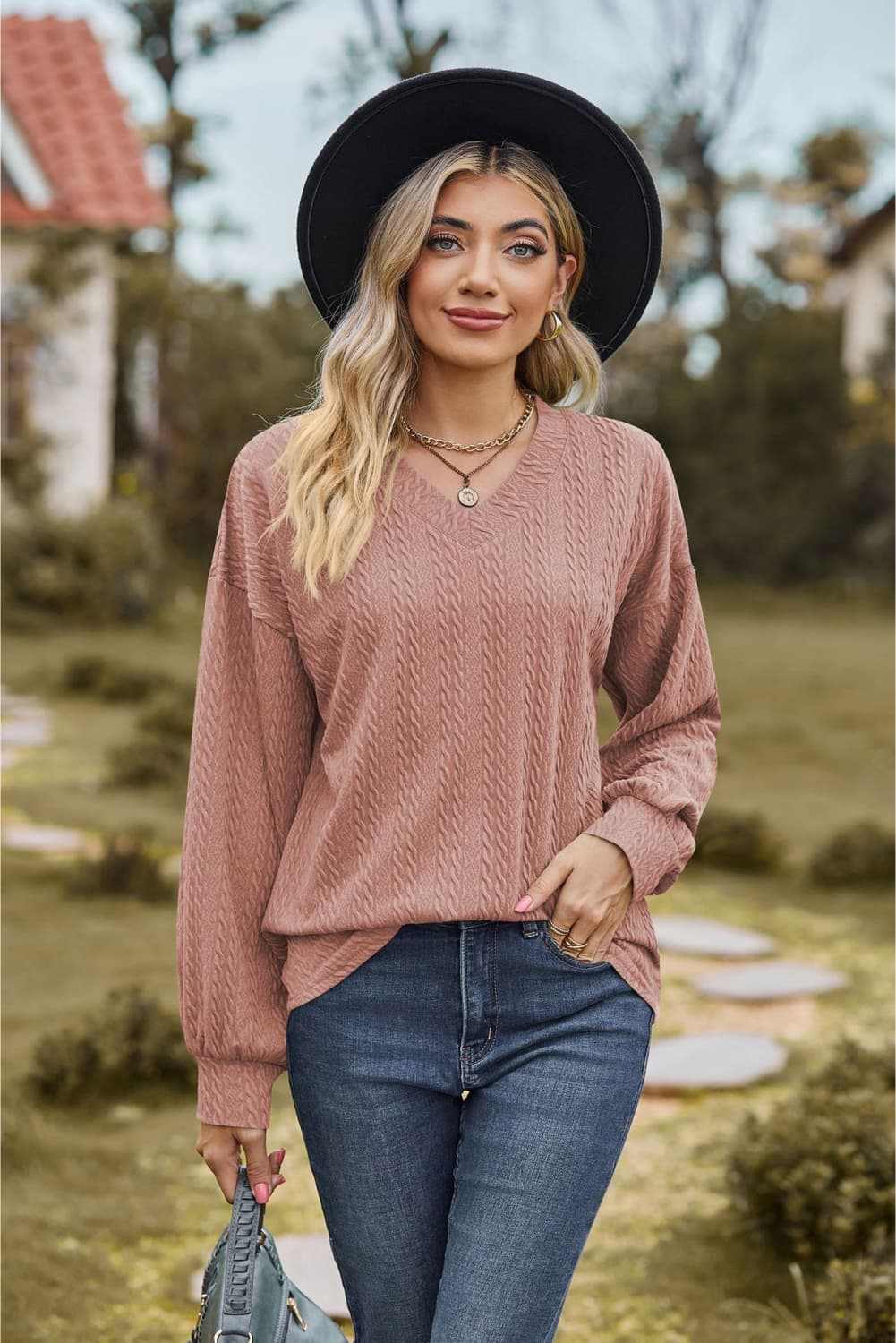 V-Neck Dropped Shoulder Blouse in solid color with long sleeves, casual style.