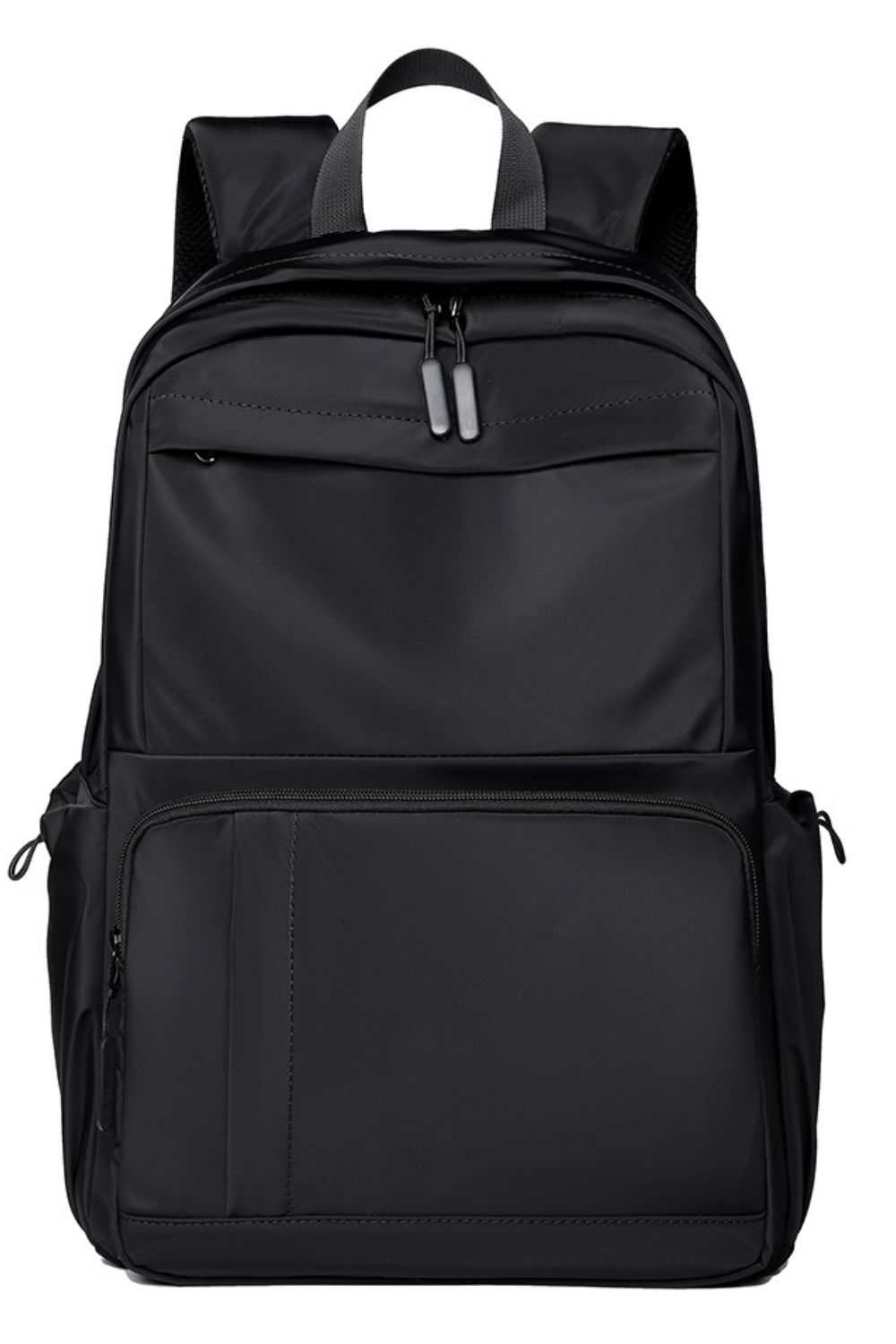 Large black multi-pockets backpack in polyester.