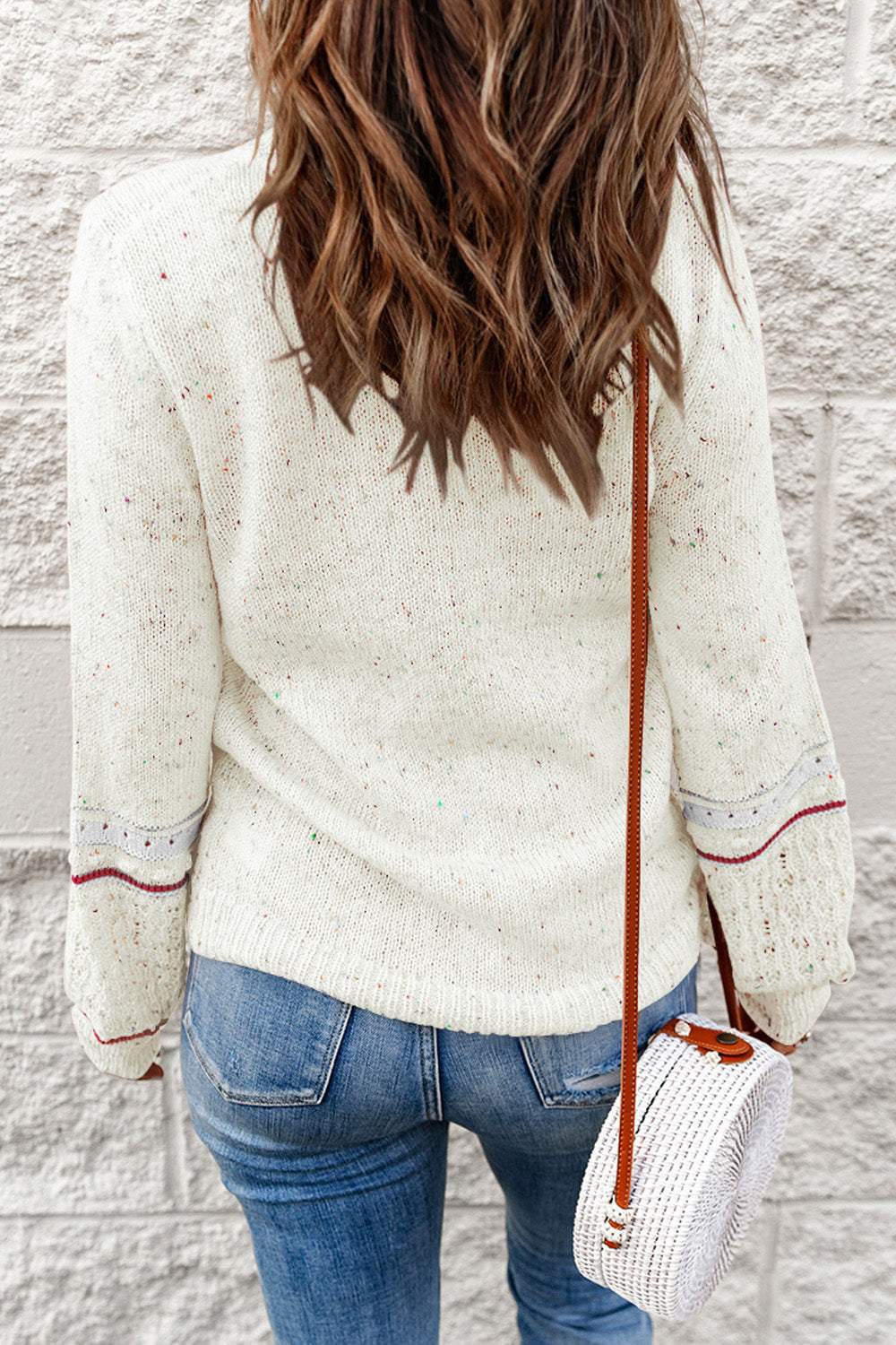 Pilling Detail Round Neck Long Sleeve Sweater in off-white, textured knit.