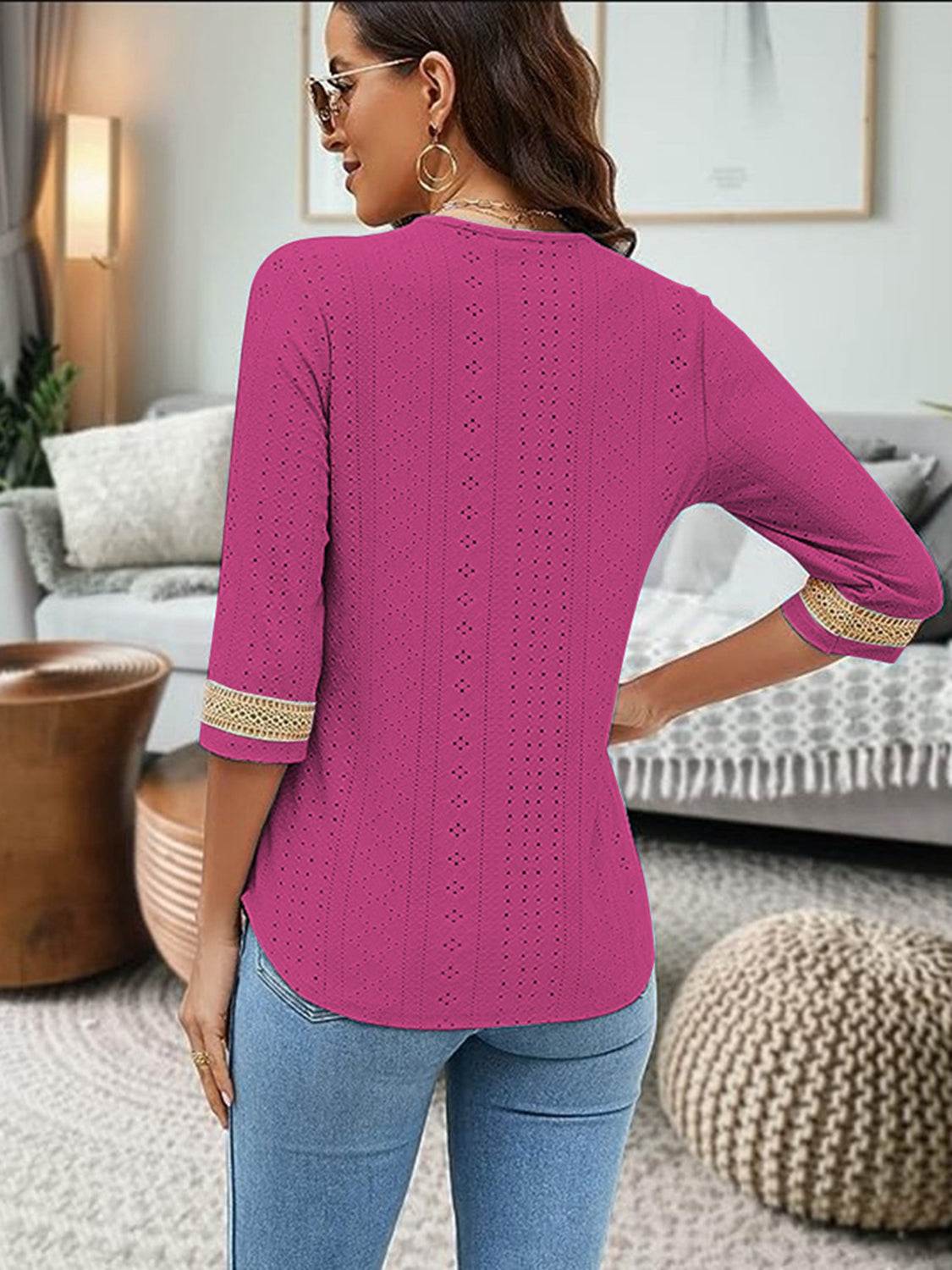V-Neck Eyelet Blouse in magenta with eyelet detailing and three-quarter sleeves, back view.