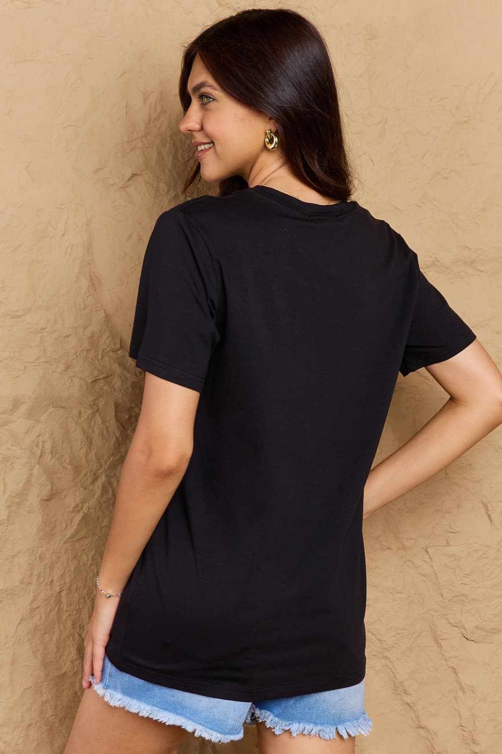 Simply Love Full Size black graphic cotton tee with round neck and short sleeves, casual style.