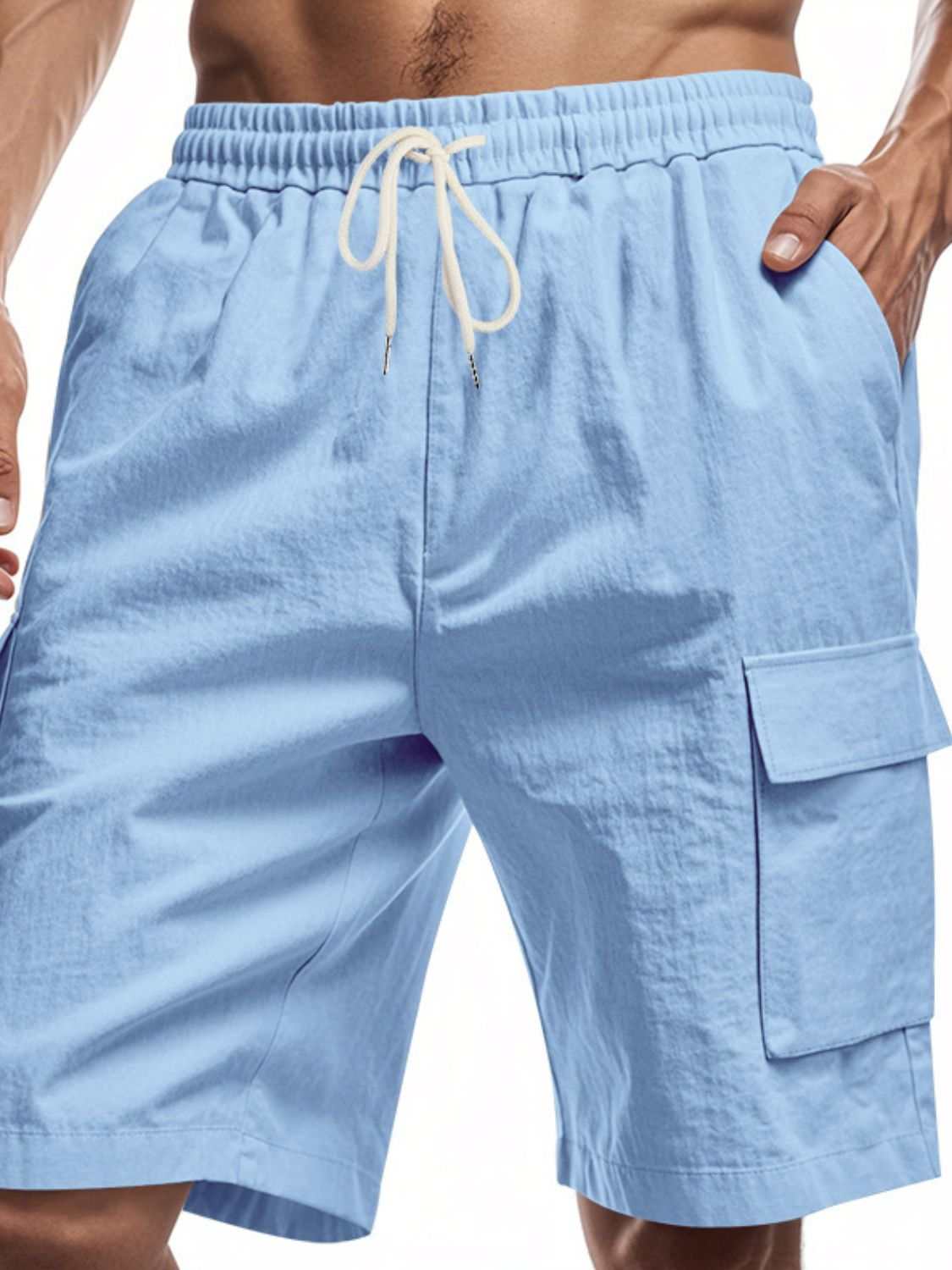 Men's full size drawstring shorts with cargo pockets in light blue.