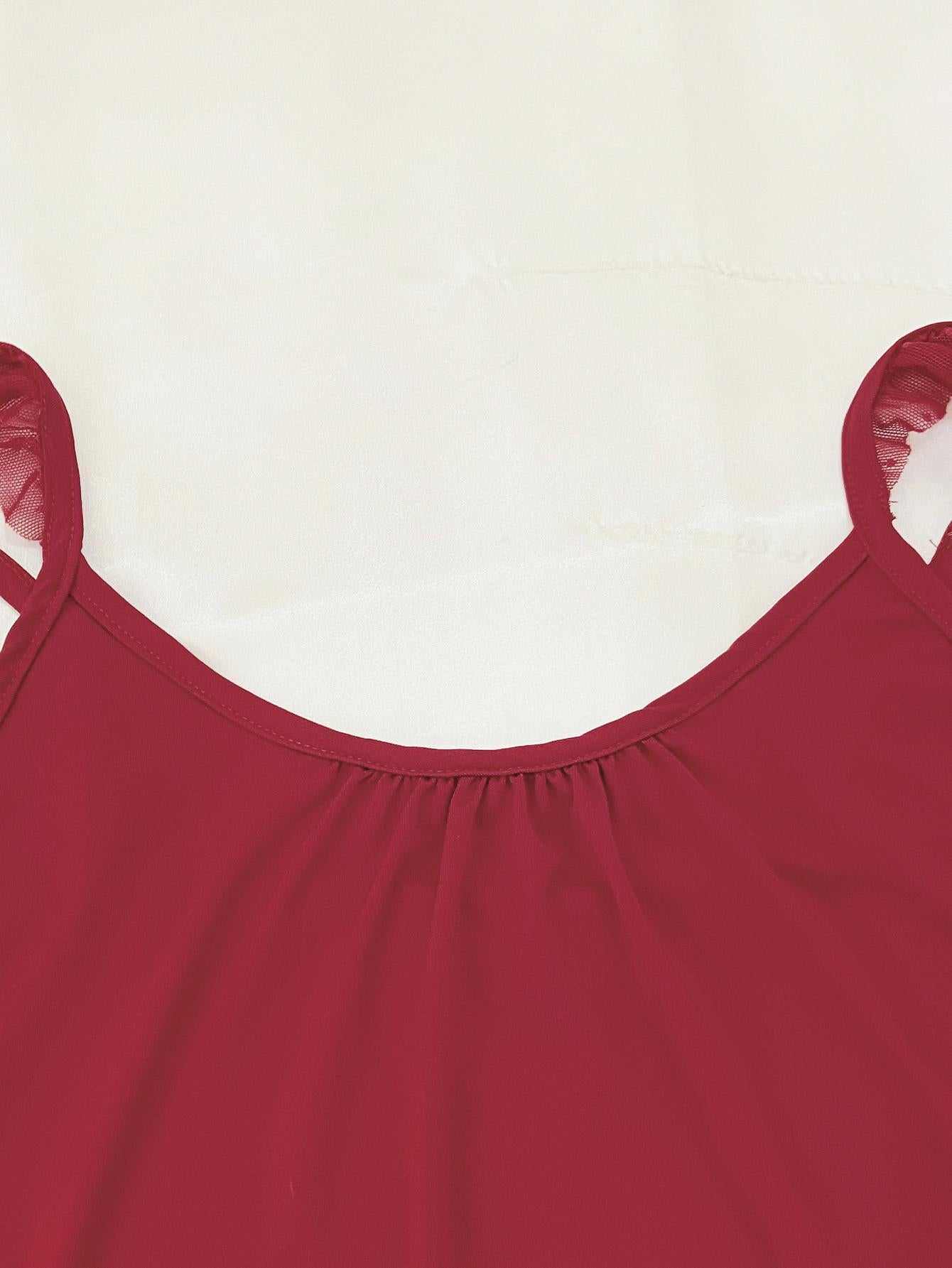 Gathered Detail Spliced Mesh Sleeveless Top in red, featuring a scoop neckline and lace accents.