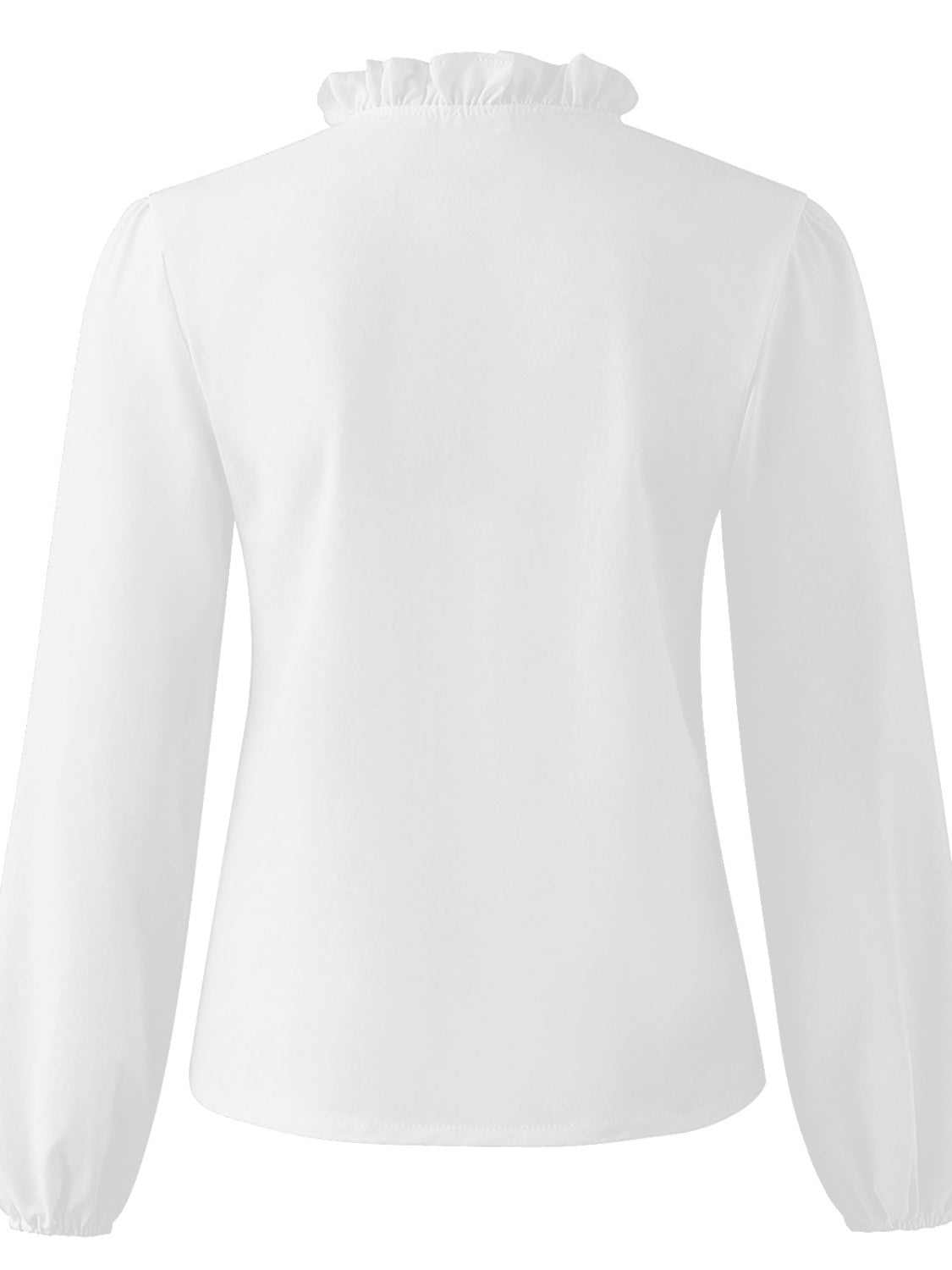Full Size Ruffled V-Neck Long Sleeve Blouse in white, made of 100% polyester, features no stretch and is machine washable.