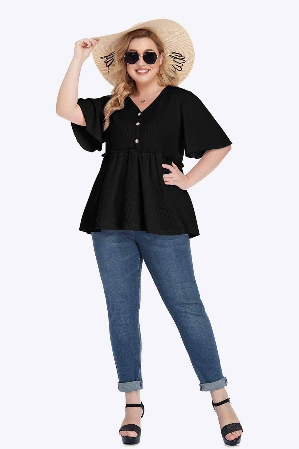 Plus size black buttoned V-neck frill trim babydoll blouse with half flutter sleeves.