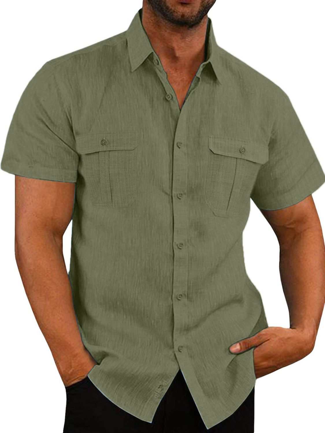 Men's plus size collared short sleeve shirt with pockets and buttons, in flax and cotton blend.